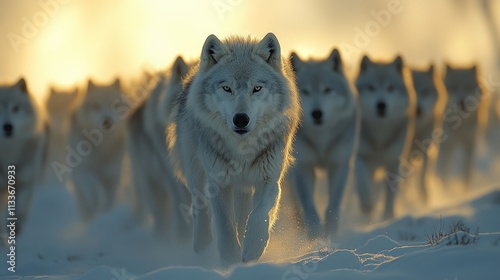Arctic wolf pack runs snowy landscape, sunset.