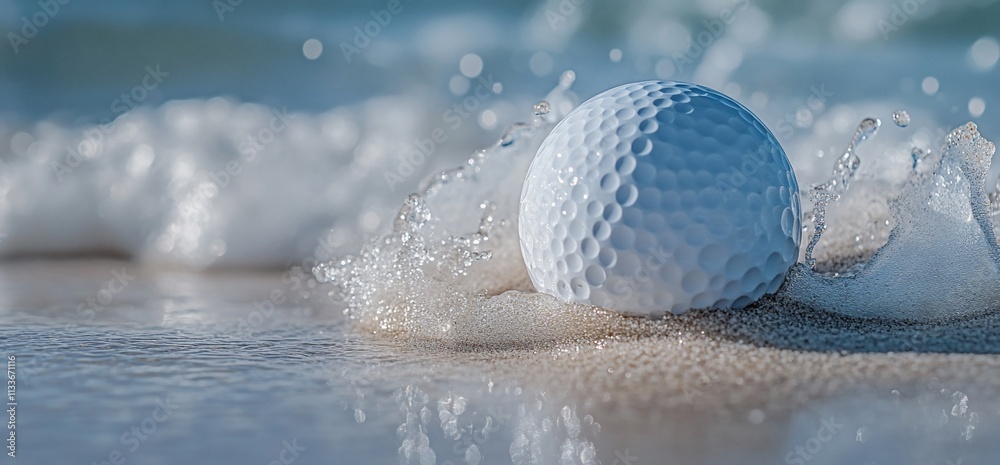 A golf ball resting on the shore, partially submerged in ocean waves. A golf ball resting on the shore, partially submerged in ocean waves.