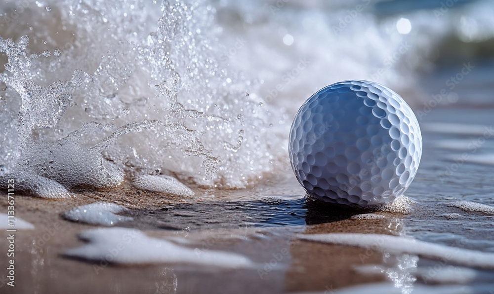 A golf ball rests on the beach, partially covered by ocean waves. A golf ball rests on the beach, partially covered by ocean waves.