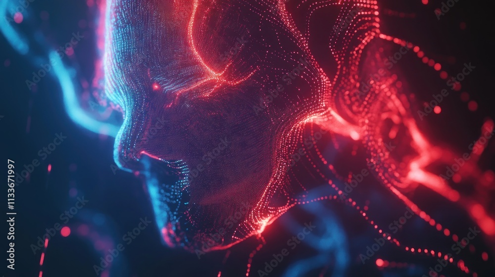 Abstract Digital Face Red Blue Light Particles Abstract Digital Face Red Blue Light Particles