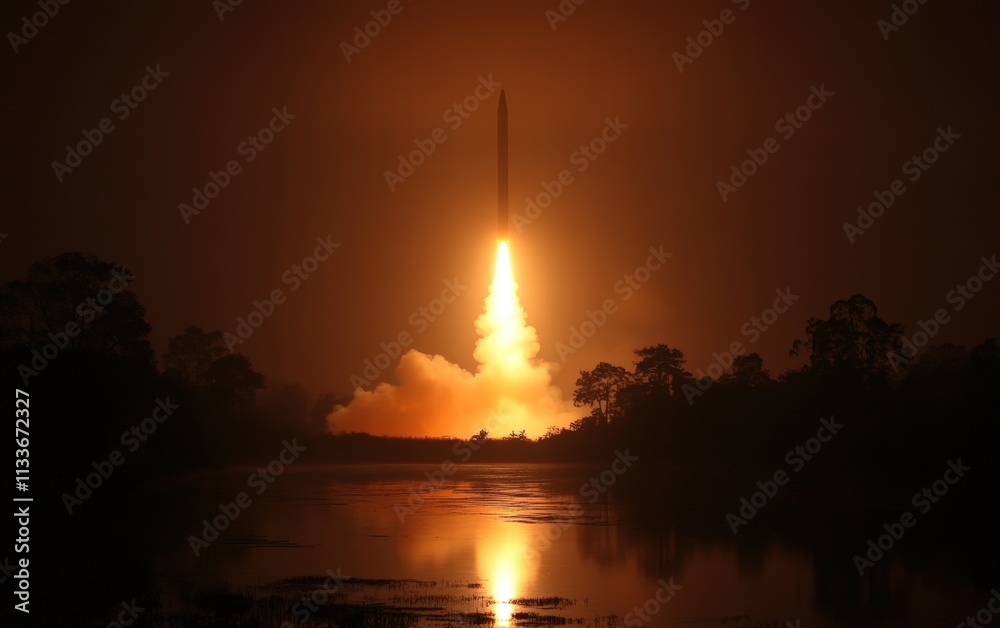 Fiery Ascent: A missile's powerful launch illuminates the night sky, leaving a trail of incandescent brilliance and smoke. A breathtaking spectacle. Fiery Ascent: A missile's powerful launch illuminates the night sky, leaving a trail of incandescent brilliance and smoke. A breathtaking spectacle.