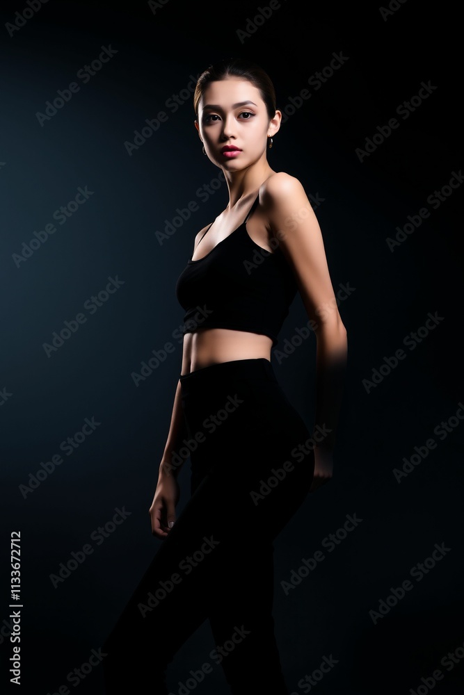 Modern fashion portrait of a stylish woman in black crop top and pants.generative AI
Modern fashion portrait of a stylish woman in black crop top and pants.generative AI