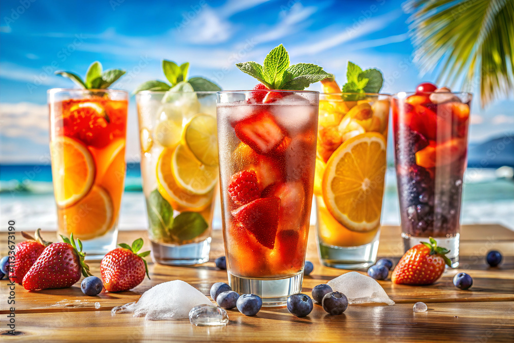Cold and refreshing fruit cocktail with orange slices, blueberry and strawberry on beach background. Summer drink. Iced fruit tea. Cold and refreshing fruit cocktail with orange slices, blueberry and strawberry on beach background. Summer drink. Iced fruit tea.