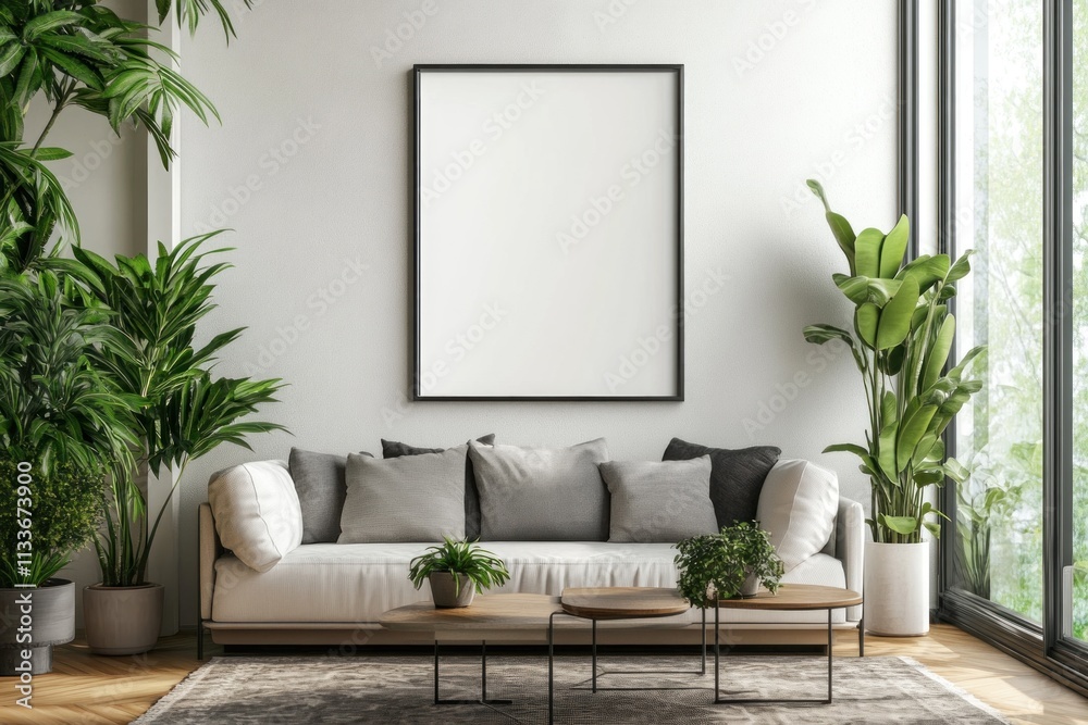 A blank picture frame mockup elegantly displayed on a wall in a modern living room featuring a sleek sofa and coffee table. Large windows provide natural light, highlighting the minimalist decor. A blank picture frame mockup elegantly displayed on a wall in a modern living room featuring a sleek sofa and coffee table. Large windows provide natural light, highlighting the minimalist decor.