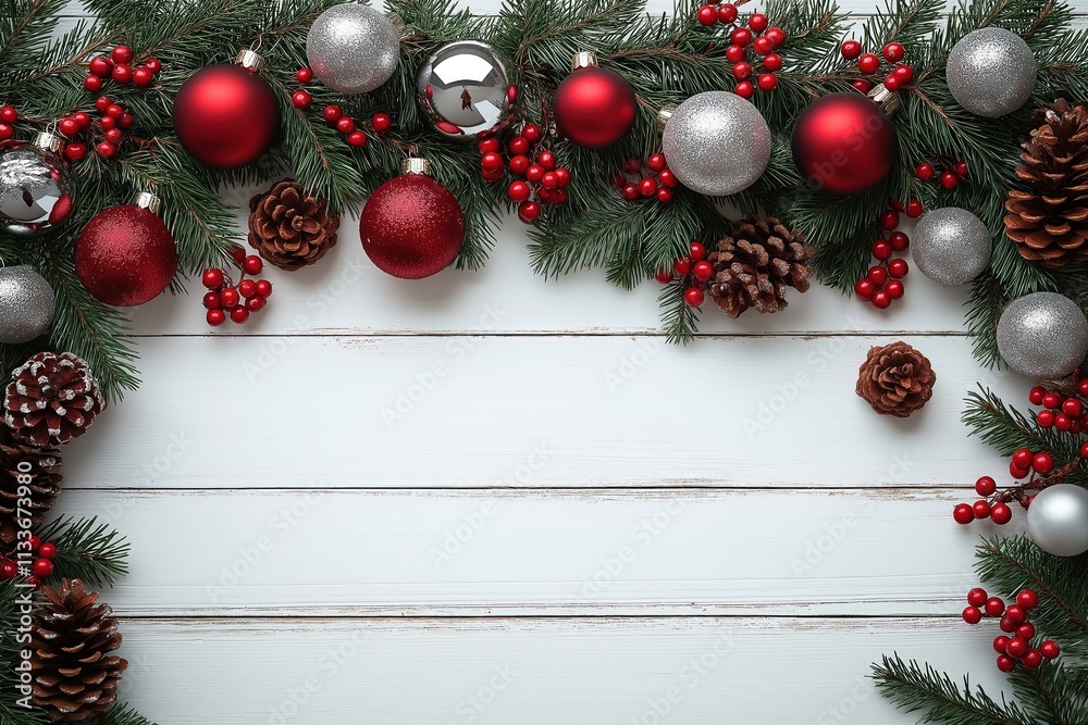 Christmas garland border with red, silver ornaments. Festive decorations on white wood. Spruce branches frame image. Ornaments, pinecones. Red, silver holiday balls. Classic holiday decor. Perfect