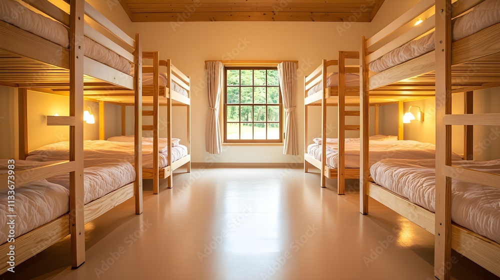 Fototapeta premium Hostel room with sleek wooden bunk beds, ambient lighting, privacy curtains for each bed, and built-in reading lights, creating a peaceful sanctuary for travelers