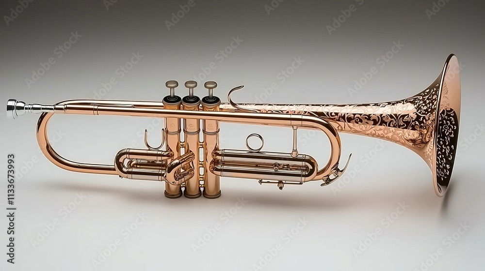 Obraz premium Brass trumpet, intricate textures, isolated on pure white