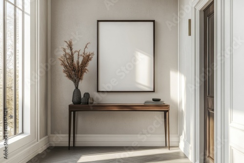 A blank picture frame mockup featured in a modern hallway with stylish decor and minimalistic design. The walls are adorned with elegant art pieces, and the lighting creates a welcoming ambiance. A