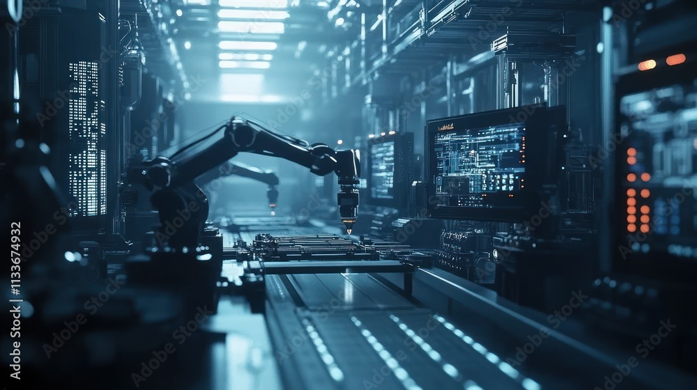 Fototapeta premium A futuristic industrial setting with robotic arms and screens for automation.