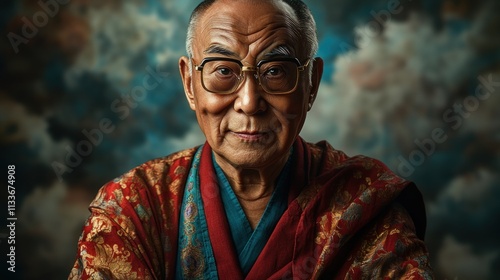 Here's a 10-word description: The Dalai Lama, serene face, ornate