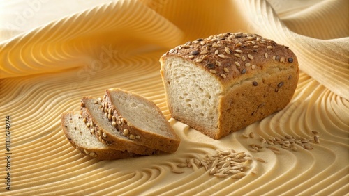 An intimate shot zooms in on a slice of fiberpacked bread where the grains and seeds appear to dance a the goldenhued waves of dough. The interplay of light and shadow brings photo