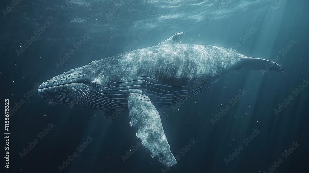 Fototapeta premium Humpback whale swims in deep, dark ocean.