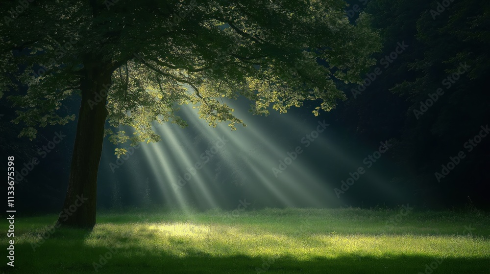 Sunlight streams through forest canopy illuminating grassy meadow. Peaceful natural scene. Tranquil forest landscape with light shining through dense leaves. Eco friendly image. Suitable for nature Sunlight streams through forest canopy illuminating grassy meadow. Peaceful natural scene. Tranquil forest landscape with light shining through dense leaves. Eco friendly image. Suitable for nature