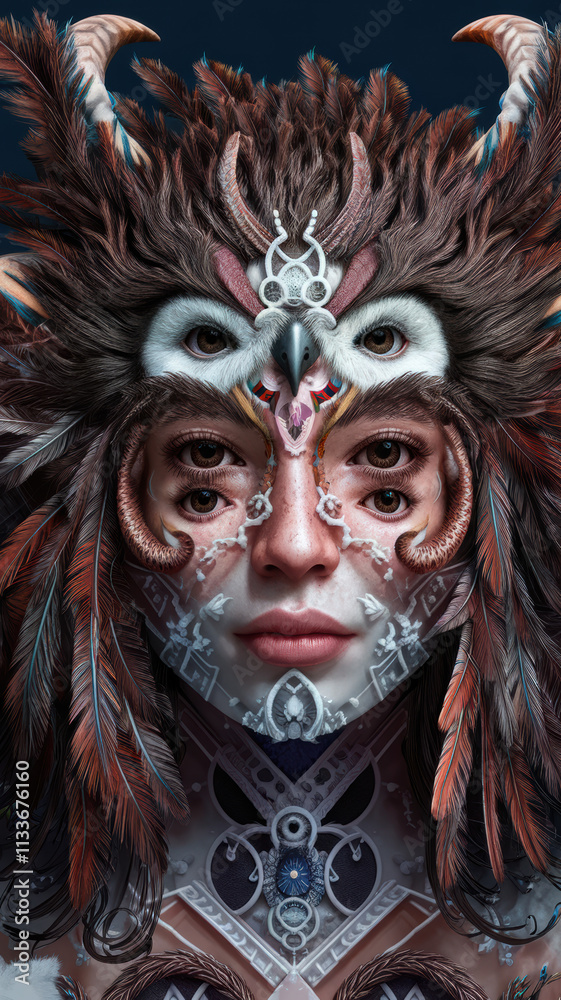 Naklejka premium Surreal Owl Woman with Intricate Feathered Headpiece and Multi-Eyed Mysticism