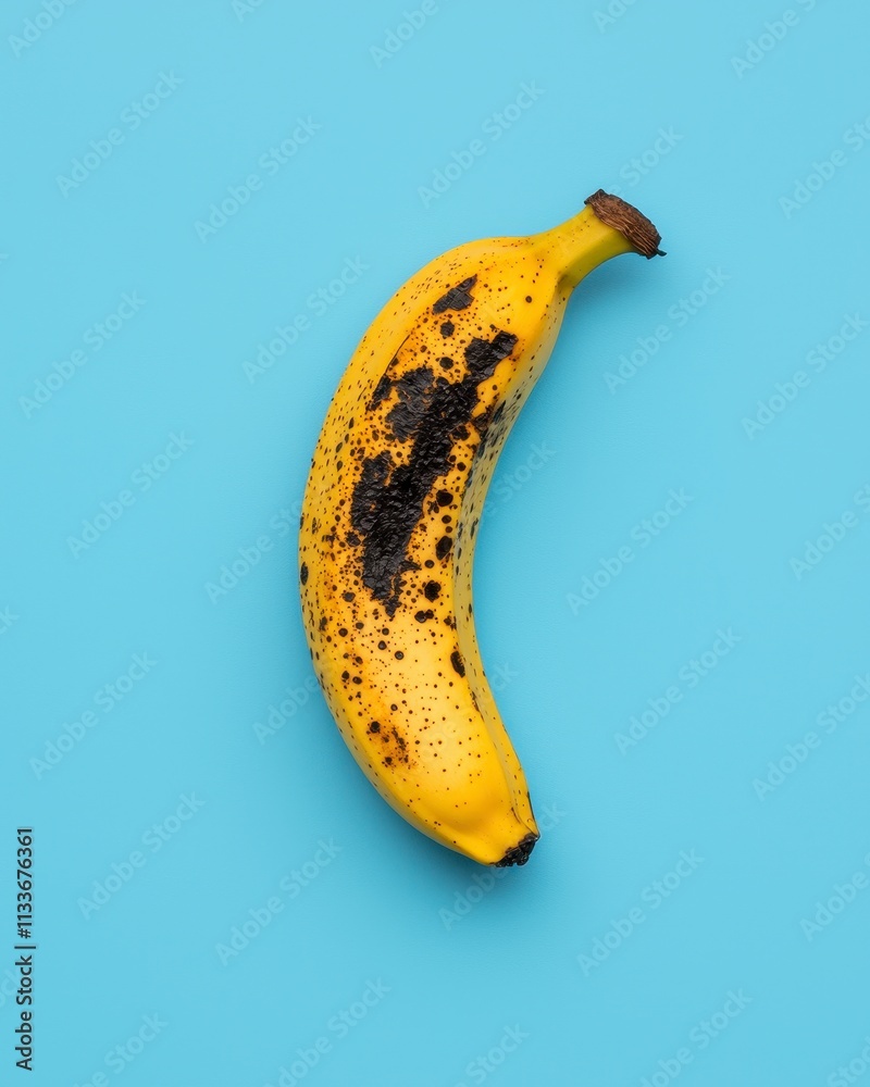 Overripe banana with brown spots on a blue background. Overripe banana with brown spots on a blue background.