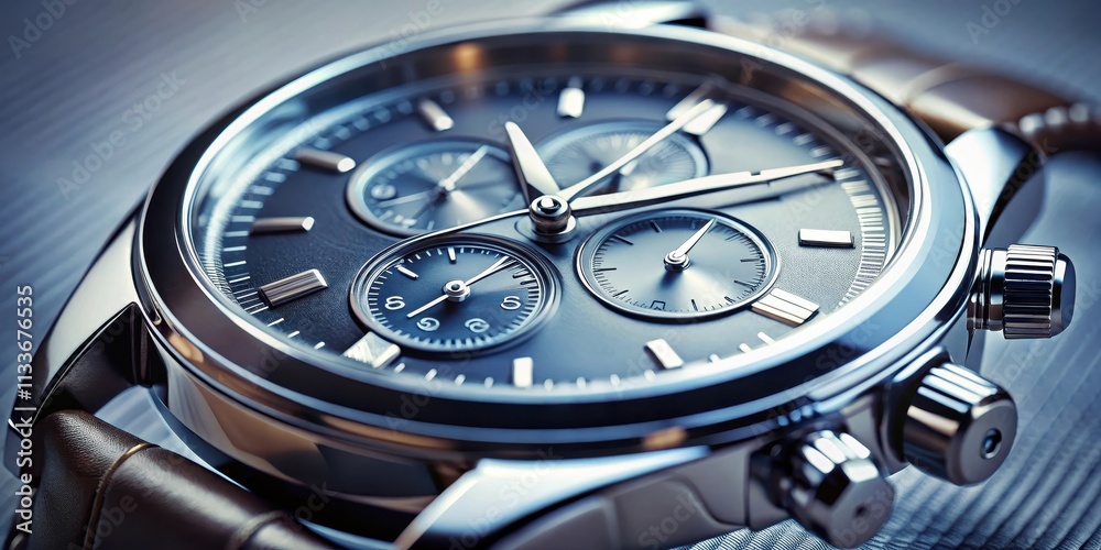 Fototapeta premium Watch close-up with chronograph hands moving quickly, ticking sound in background, timepiece,chronograph