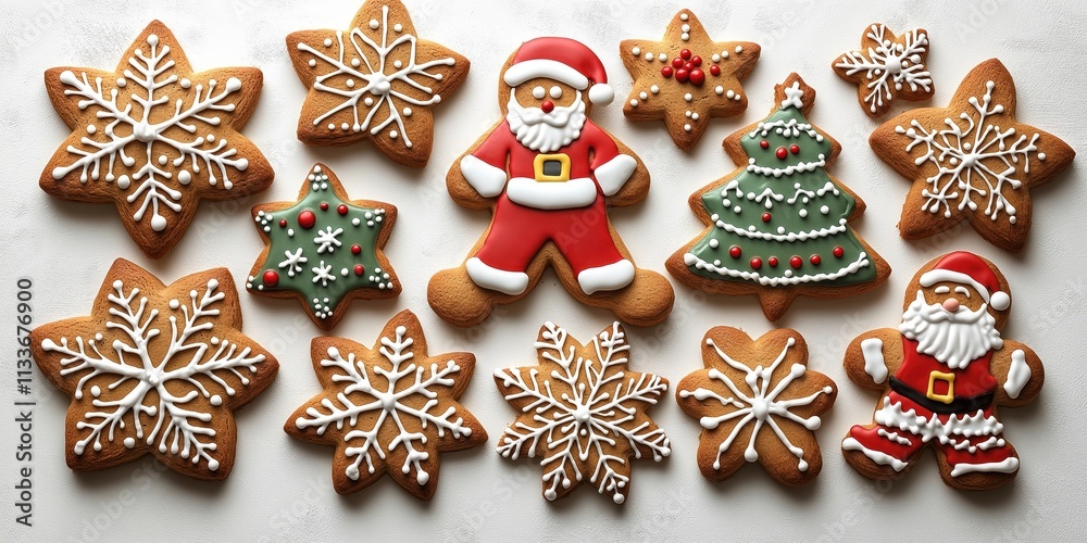 Fototapeta premium Christmas gingerbread cookies decorated with frosting. Snowflakes stars, Santa Claus shaped cookies seen. Festive Christmas theme. Holiday treats. Homemade cookies. Baking concept. Sweet treats.
