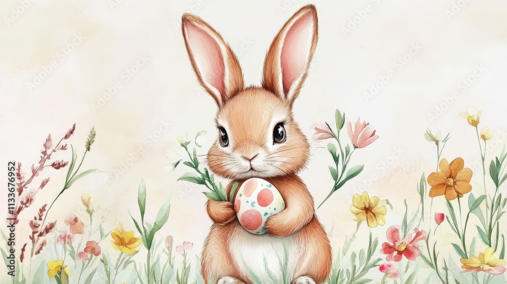 Vibrant and playful bunny surrounded by lush greenery in a festive Easter scene. Vibrant and playful bunny surrounded by lush greenery in a festive Easter scene.