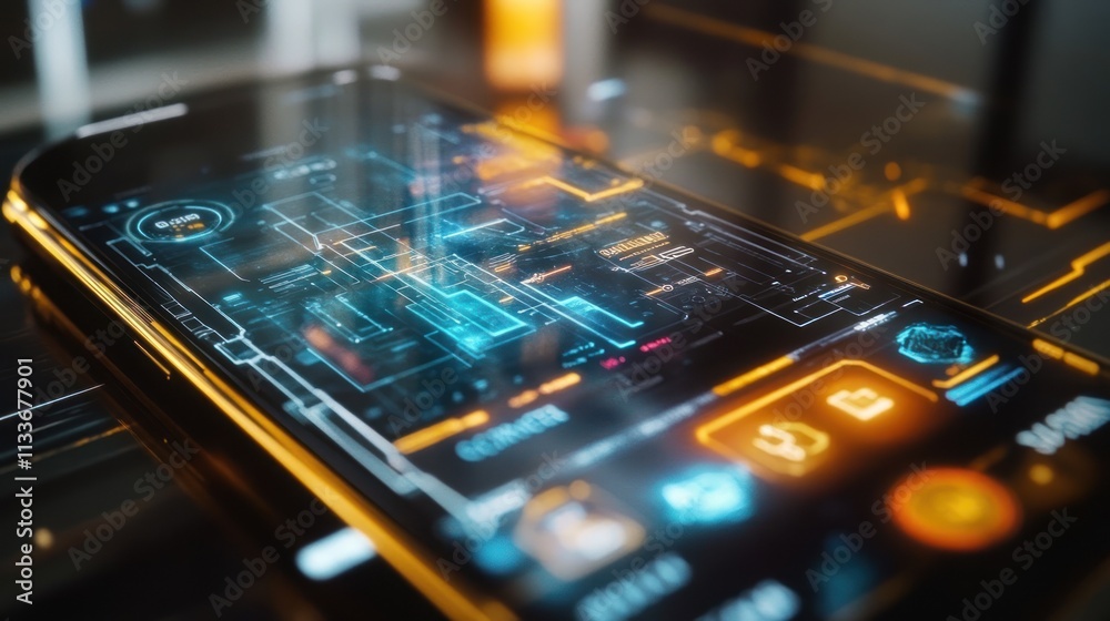 A futuristic smartphone displaying a holographic interface with digital data. A futuristic smartphone displaying a holographic interface with digital data.
