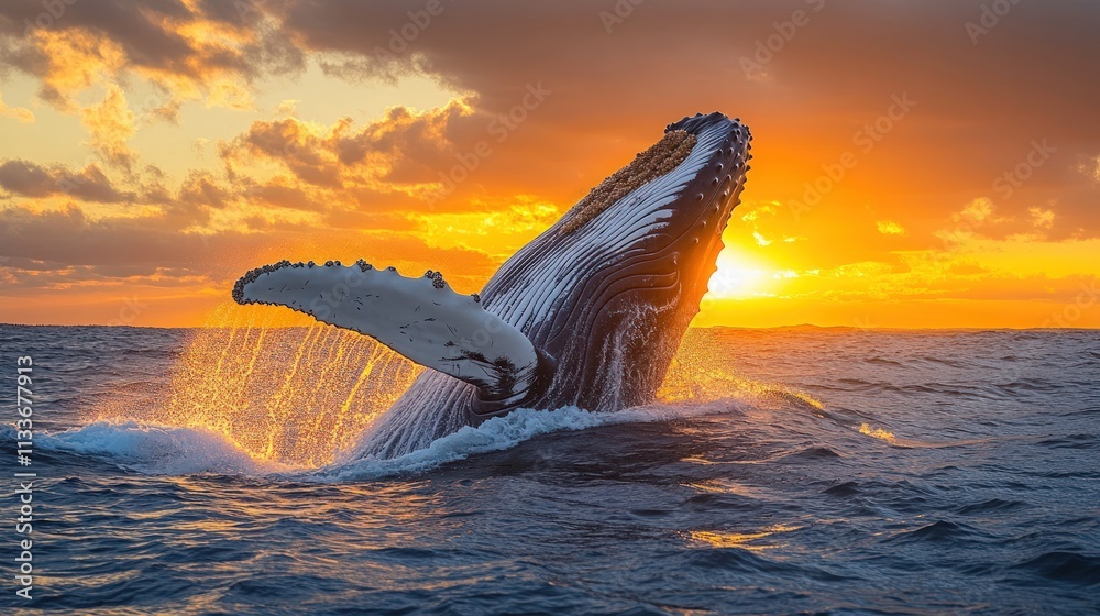 Fototapeta premium Sunset whale breach, ocean majesty.