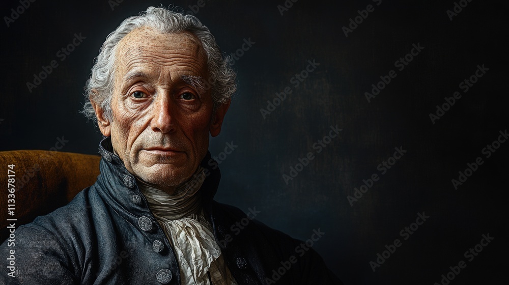 Aged man, serious expression, colonial attire. Aged man, serious expression, colonial attire.