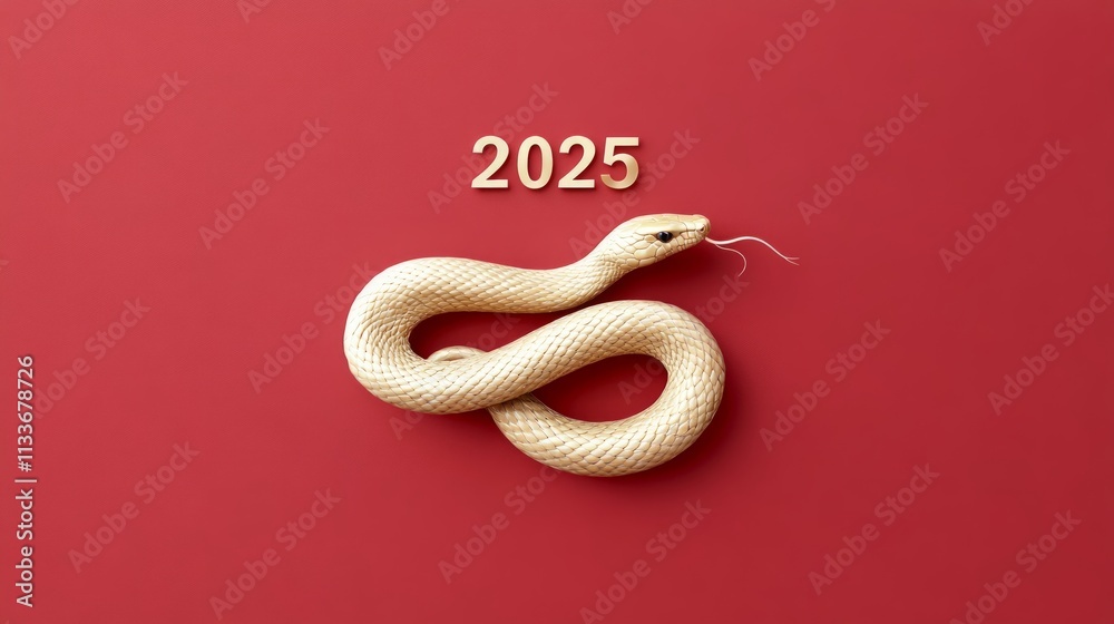 Fototapeta premium Chinese New Year 2025 , year of the snake,Golden Chinese Zodiac Snake on Red Background Symbol of Prosperity and Wealth,with copy space