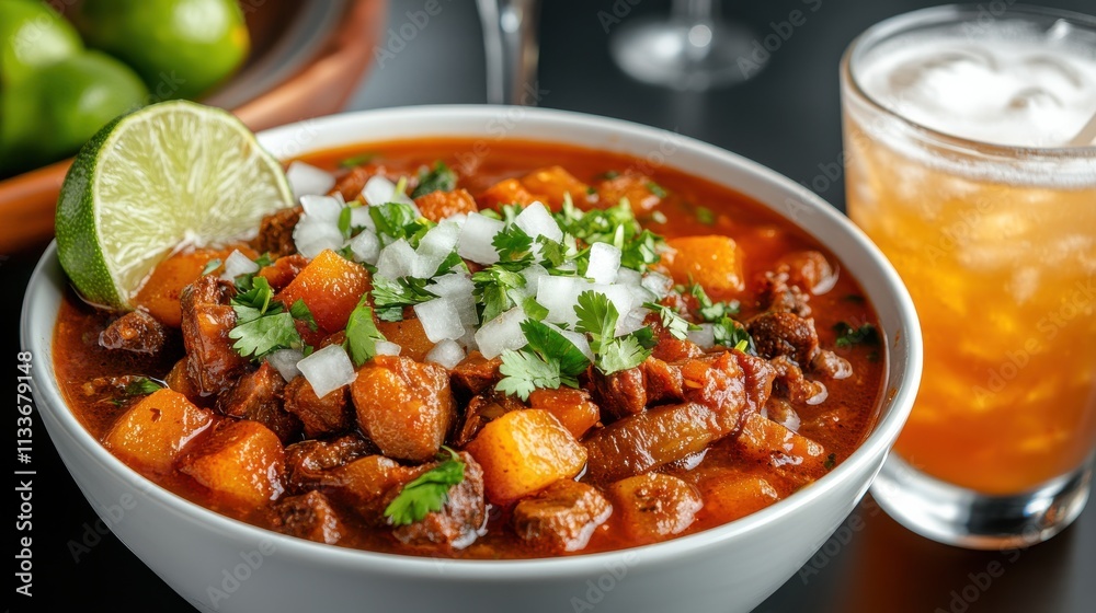 A bowl of traditional menudo soup with tender beef, garnished with chopped onions, cilantro, and fresh lime, highlighting a beloved Mexican dish. A bowl of traditional menudo soup with tender beef, garnished with chopped onions, cilantro, and fresh lime, highlighting a beloved Mexican dish.