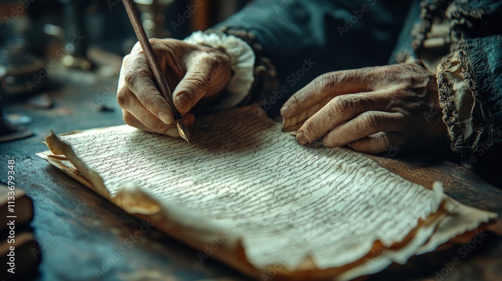 Aged hands write on ancient parchment. Aged hands write on ancient parchment.