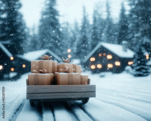 A winter scene featuring a wooden sled loaded with beautifully wrapped gifts, set against a backdrop of snow-covered trees and cozy, illuminated cabins, evoking a festive holiday atmosphere. photo