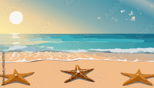 Sunset on the beach with starfishes. Vector illustration.