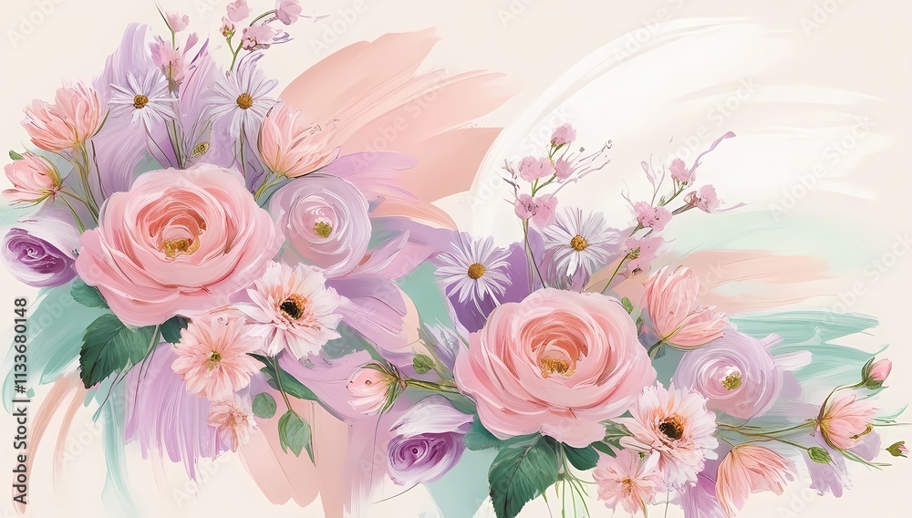 Lush Mother's Day Floral Abstract with Roses and Daisies Over Soft Pink and Purple Brushstrokes
Lush Mother's Day Floral Abstract with Roses and Daisies Over Soft Pink and Purple Brushstrokes