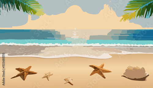 Seaside background with starfishes and sand. Vector illustration.