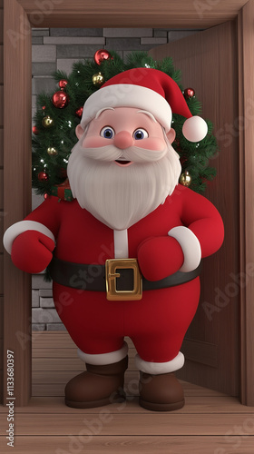 Cartoon Santa Claus stands in the doorway, and a Christmas tree decorated with colorful toys is visible in the room. A cheerful and cozy holiday scene full of warmth, magic and Christmas spirit. photo