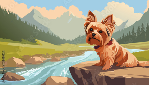 Yorkshire Terrier sitting on a rock by the river. Vector illustration