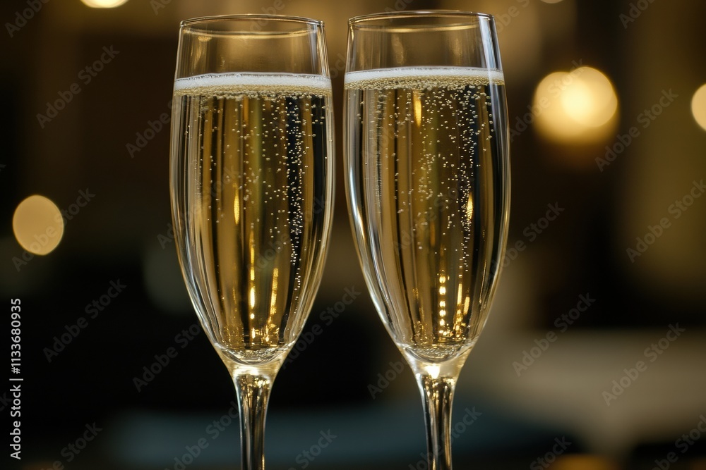 Two elegant champagne flutes filled with bubbly sparkling wine, perfect for celebrations and toasting special moments.