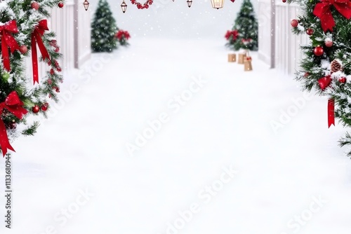 A winter scene featuring a snow-covered pathway lined with Christmas trees adorned with ribbons and ornaments, creating a festive atmosphere.