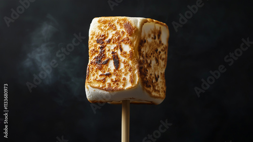 Golden toasted marshmallow on a wooden skewer, styled for minimalistic and cozy food photography