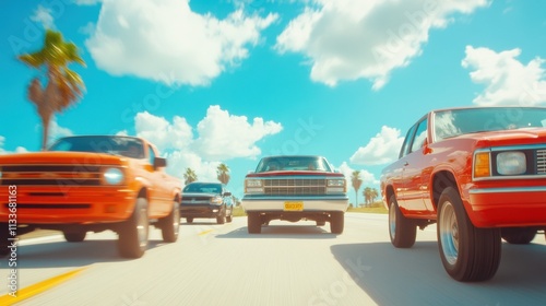 Classic cars driving down a sunny highway under a clear blue sky, symbolizing the importance of safe driving for 55 mph Speed Limit Day. photo