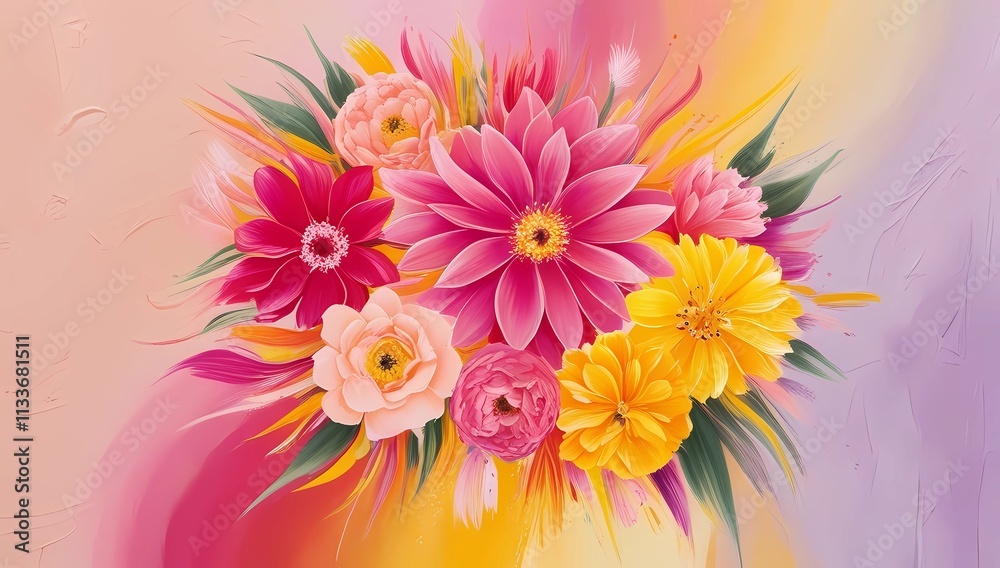Mother's Day Abstract Background with Bold Pink and Yellow Blooms Set Against a Textured Pastel Gradient