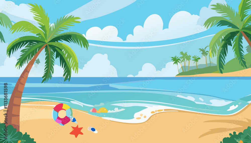 Beach with palm trees and toys. Seascape with sand and sea. Vector illustration. Beach with palm trees and toys. Seascape with sand and sea. Vector illustration.