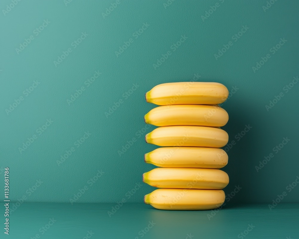 Stack of six ripe yellow bananas against a teal background. Stack of six ripe yellow bananas against a teal background.