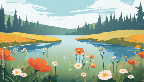 Landscape with river and meadow. Vector illustration in flat style