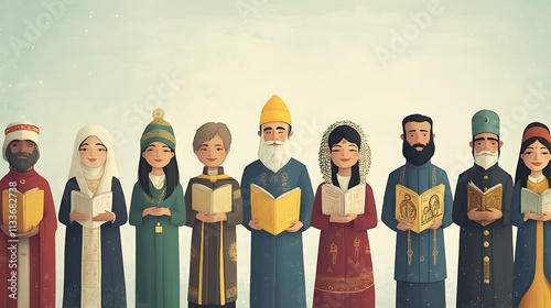 A multi-faith gathering with representatives from different religions standing together, each holding a sacred text or symbol of their faith 