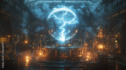 Steampunk lab; glowing orb; electrical storm inside.