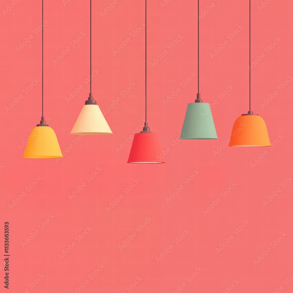Colorful pendant lights hanging in a modern setting, adding warmth and style to any interior decor. Colorful pendant lights hanging in a modern setting, adding warmth and style to any interior decor.