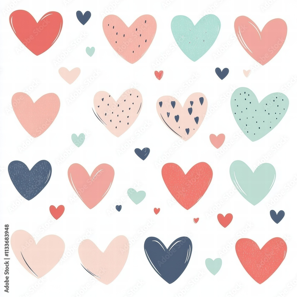 A vibrant collection of hand-drawn hearts in various colors and patterns, perfect for romantic or creative designs. A vibrant collection of hand-drawn hearts in various colors and patterns, perfect for romantic or creative designs.