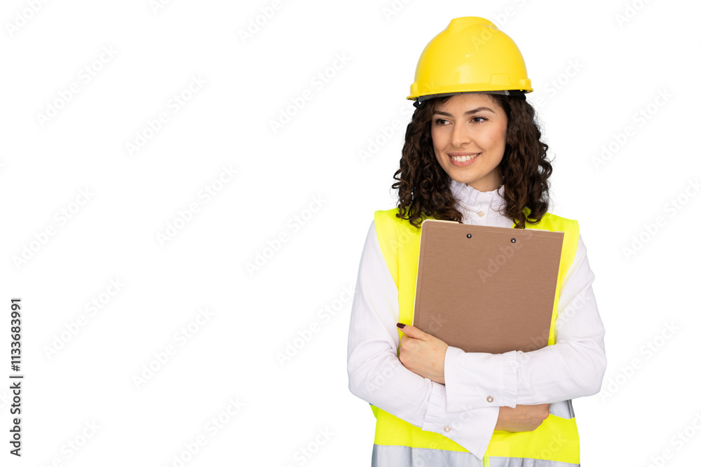 Focused Latina civil engineer in construction attire Focused Latina civil engineer in construction attire