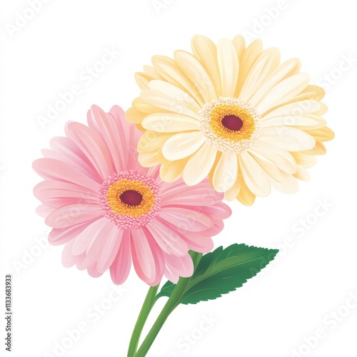 A vibrant of pink and yellow gerbera daisies with lush green leaves, perfect for floral designs and decorations.