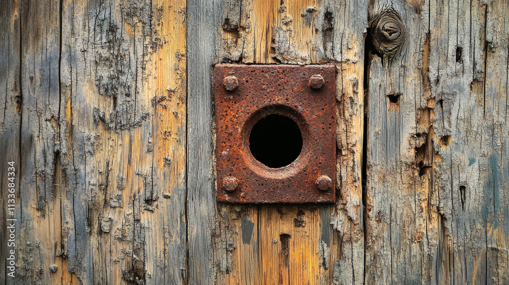 Rusty circular opening in weathered wooden surface reveals nature's textures and colors Rusty circular opening in weathered wooden surface reveals nature's textures and colors