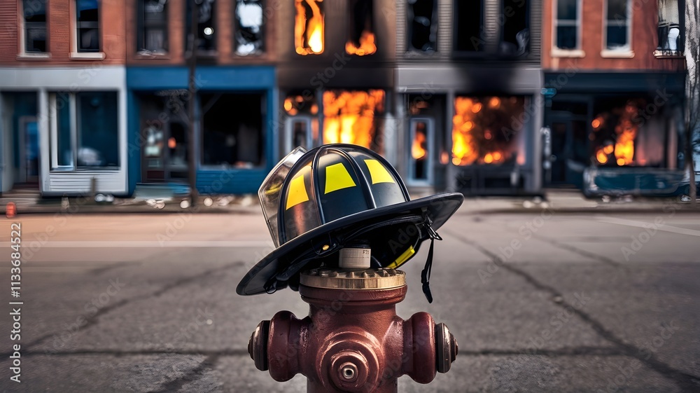 Firefighter helmet with visor on hydrant in firelit street Firefighter helmet with visor on hydrant in firelit street
